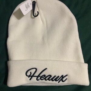 White Beanie with Embroidered Text Heaux